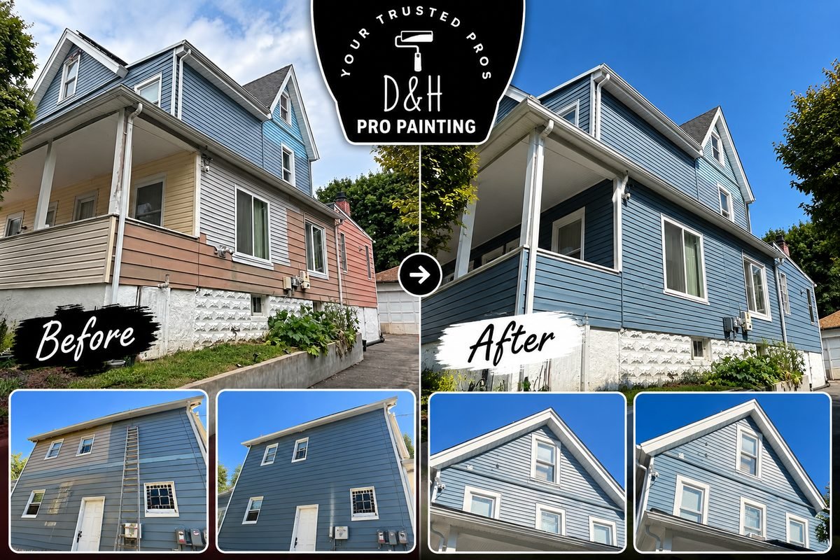 Before and after of a full exterior house repaint in a new blue color